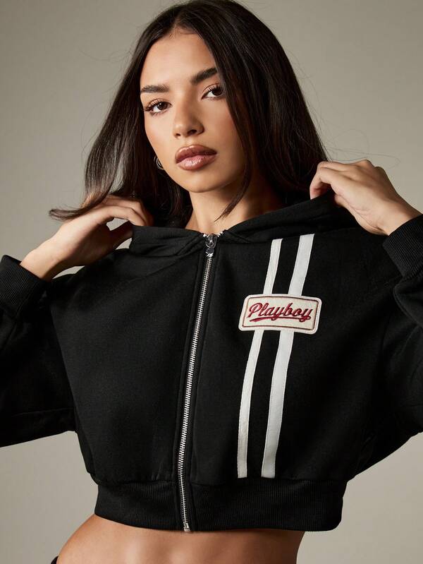 Missguided X Playboy Cropped Zip Up Hoodie With Stripe Detail