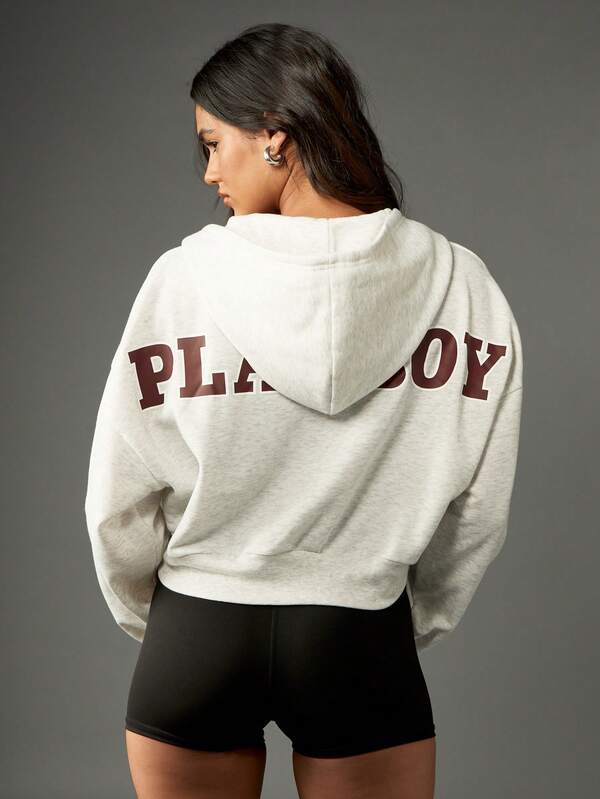 Missguided X Playboy Cropped Zip Up Hoodie With Varsity Letters
