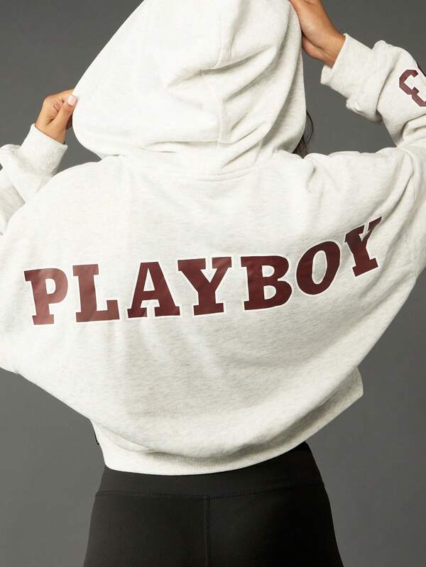Missguided X Playboy Cropped Zip Up Hoodie With Varsity Letters