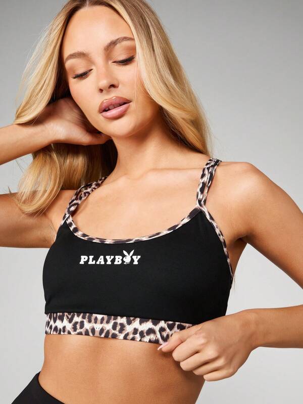 Missguided X Playboy Cross Over Back Sports Bra With Leopard Print