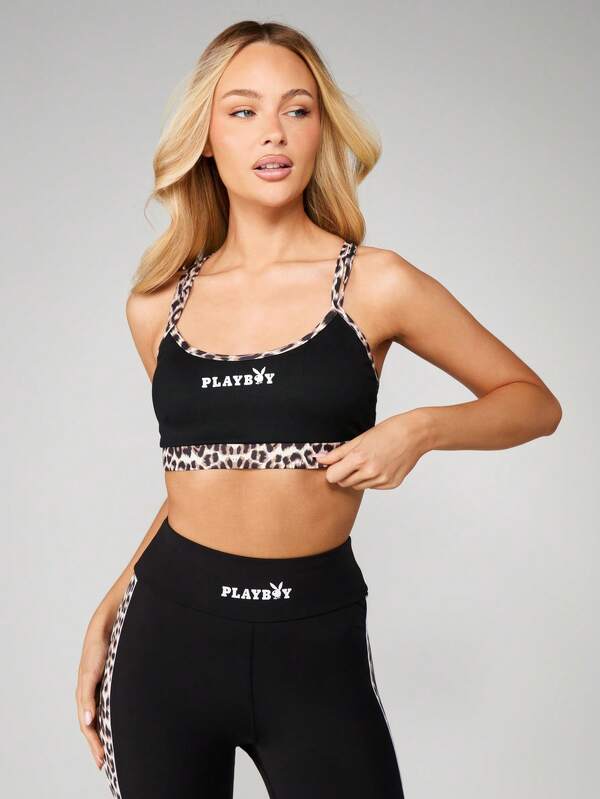 Missguided x Playboy Cross Over Back Sports Bra With Leopard Print