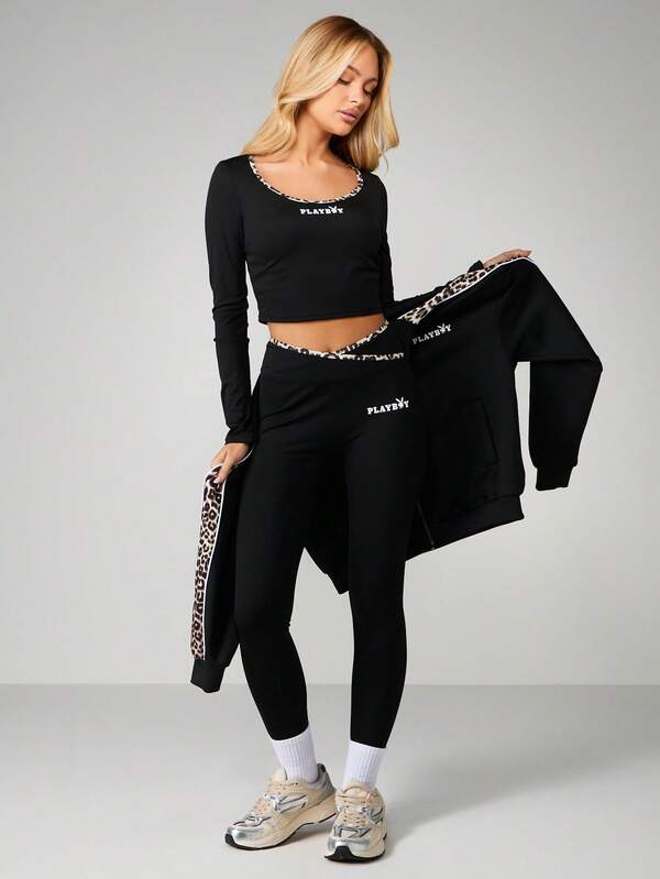 Missguided X Playboy Cross Over Waistband Sports Leggings With Leopard Print