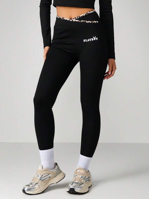 Missguided X Playboy Cross Over Waistband Sports Leggings With Leopard Print