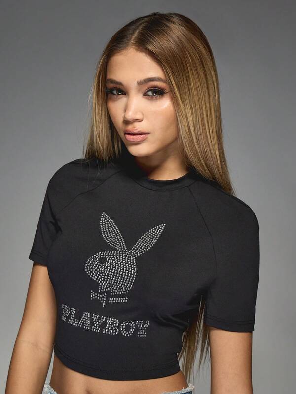 Missguided X Playboy Crystal Embellished Baby T Shirt With Bunny Motif