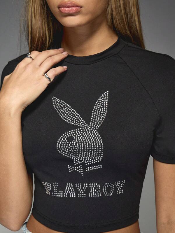 Missguided X Playboy Crystal Embellished Baby T Shirt With Bunny Motif