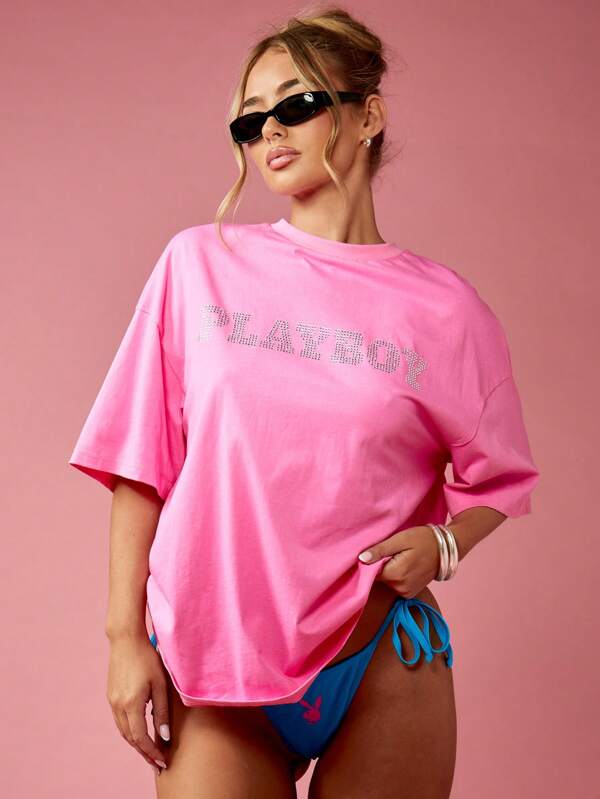 Missguided x Playboy Crystal Rhinestone Retro Y2K Oversized T-Shirt