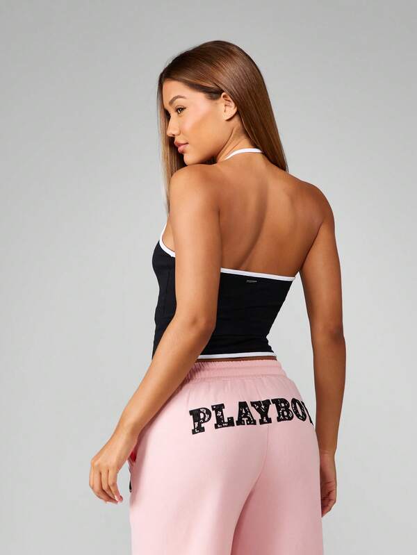 Missguided X Playboy Crystal Text Halter Neck Crop Top With Contrast Binding
