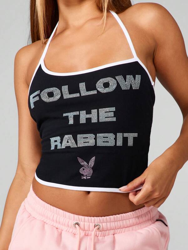 Missguided x Playboy Crystal Text Halter Neck Crop Top With Contrast Binding