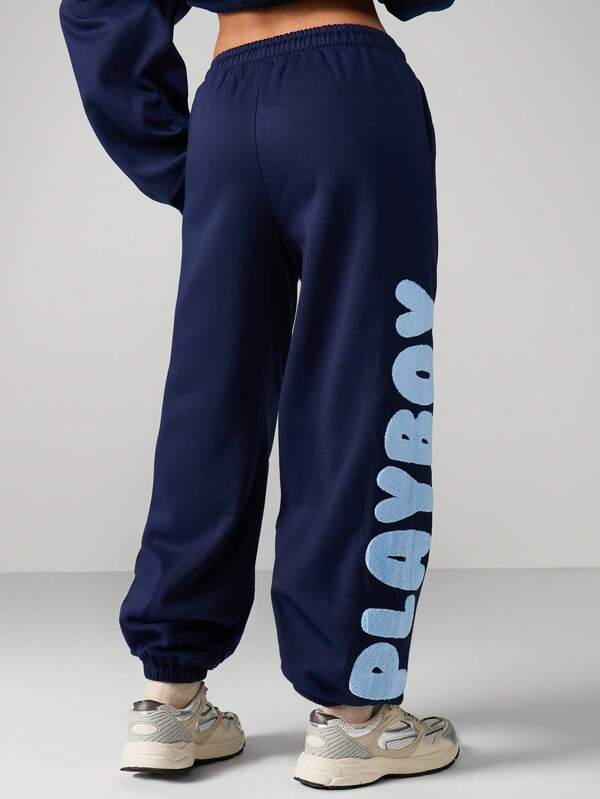 Missguided X Playboy Cuffed Joggers With Text Print