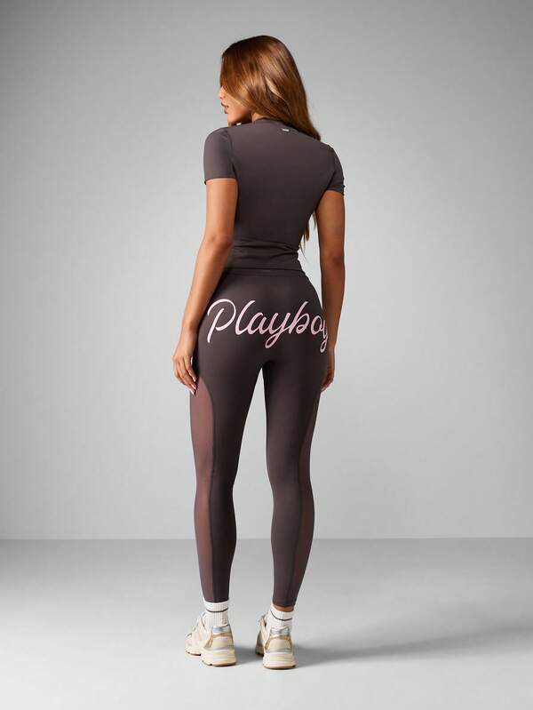 Missguided X Playboy Cut Out Mesh Panel Crop Top And Leggings Set