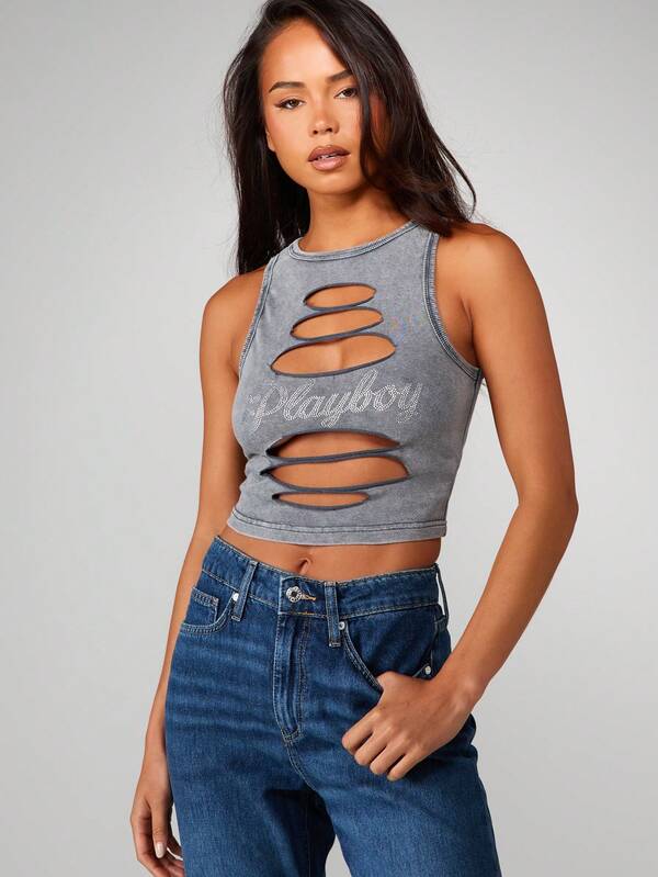 Missguided X Playboy Cut Out Tank Top With Rhinestone Detail
