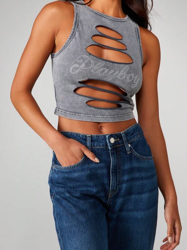 Missguided x Playboy Cut Out Tank Top With Rhinestone Detail