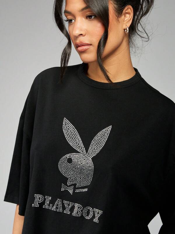 Missguided X Playboy Diamante Crystal Embellished Oversized T-Shirt