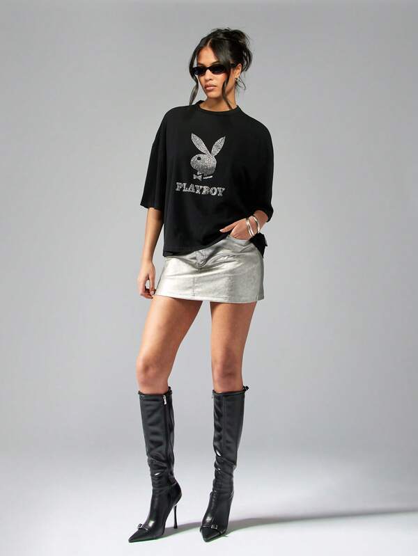 Missguided X Playboy Diamante Crystal Embellished Oversized T-Shirt