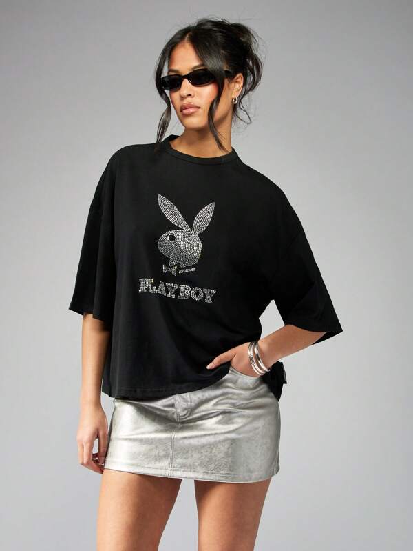 Missguided x Playboy Diamante Crystal Embellished Oversized T-Shirt