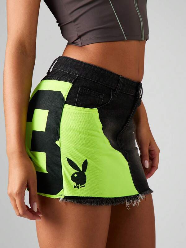 Missguided X Playboy Distressed Denim Mini Skirt With Neon Panel