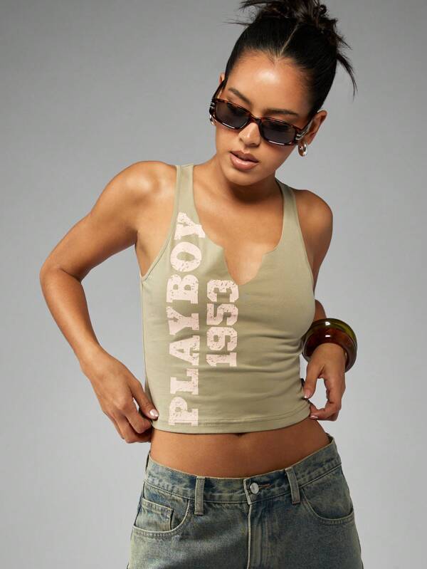 Missguided x Playboy Distressed Text Print Racer Back Crop Workout Tank