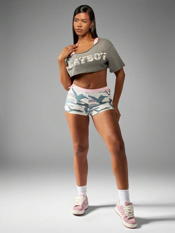 Missguided X Playboy Double Layer Cropped T-Shirt With Camouflage Logo Print