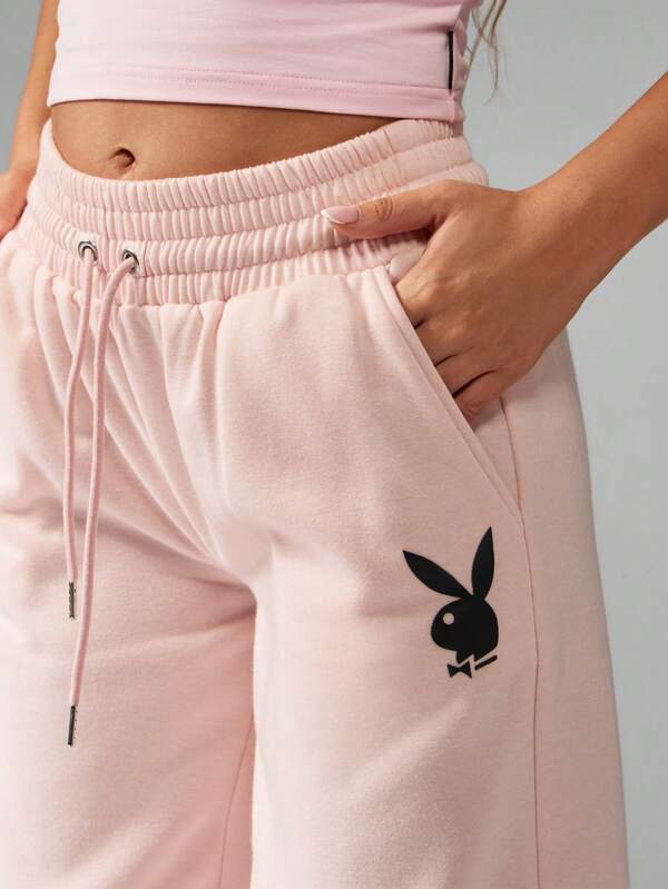 Missguided X Playboy Drawstring Fleece Wide Leg Logo Design Sweatpants