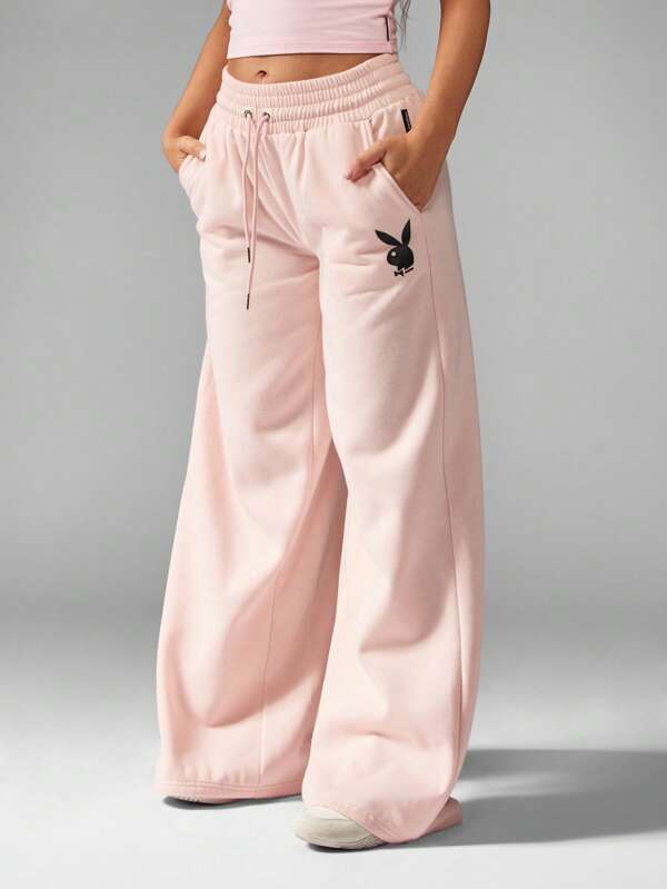 Missguided x Playboy Drawstring Fleece Wide Leg Logo Design Sweatpants