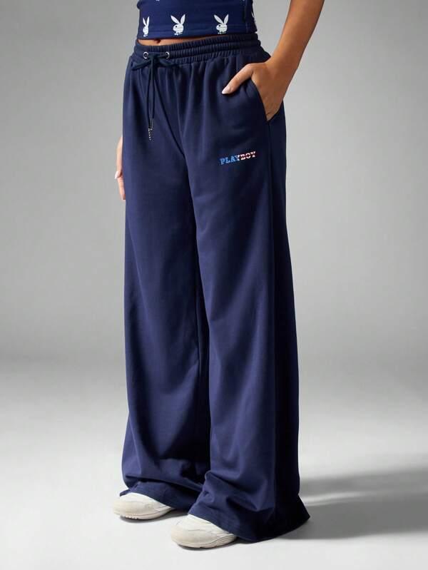 Missguided X Playboy Drawstring Wide Leg Fleece Lounge Comfort Sweatpants