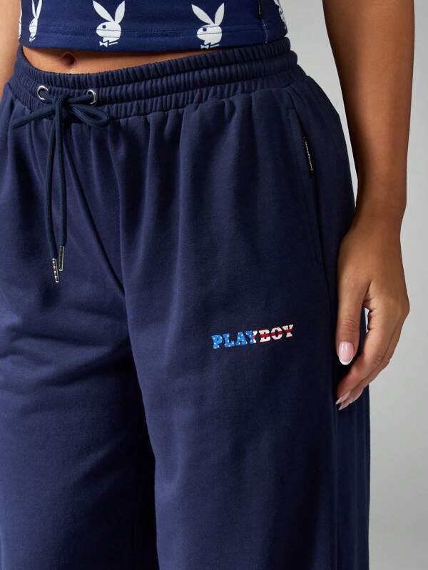 Missguided X Playboy Drawstring Wide Leg Fleece Lounge Comfort Sweatpants