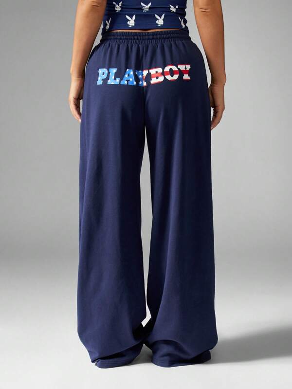 Missguided x Playboy Drawstring Wide Leg Fleece Lounge Comfort Sweatpants