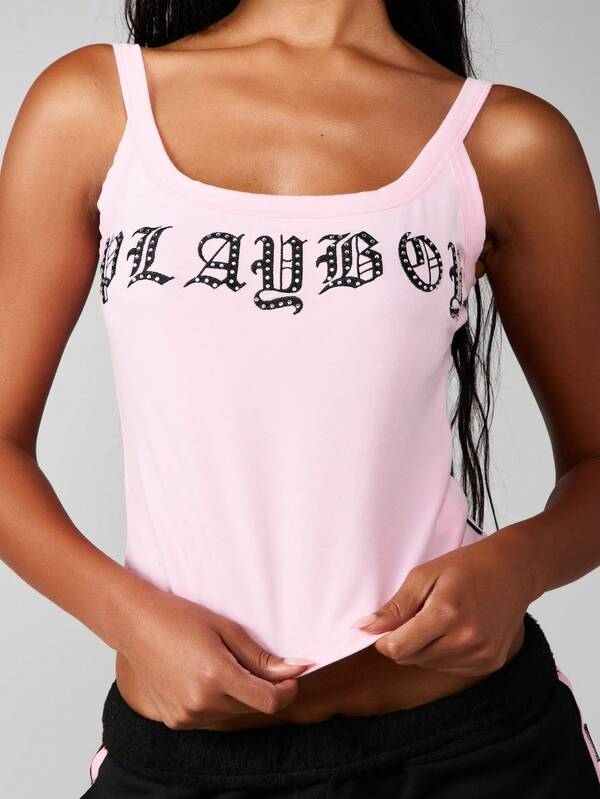 Missguided x Playboy Embellished Gothic Text Fitted Tank Top