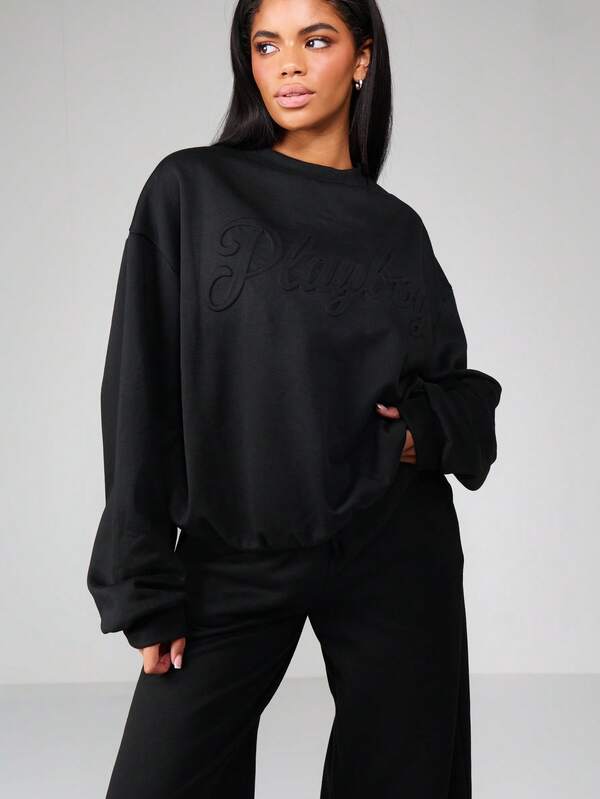 Missguided x Playboy Embossed Logo Crewneck Sweatshirt With Ribbed Trim