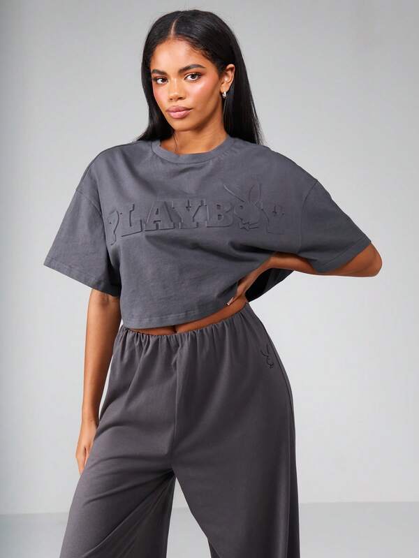 Missguided X Playboy Embossed Logo Crop Top And Wide Leg Pants Set