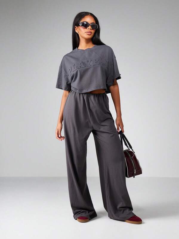 Missguided x Playboy Embossed Logo Crop Top And Wide Leg Pants Set