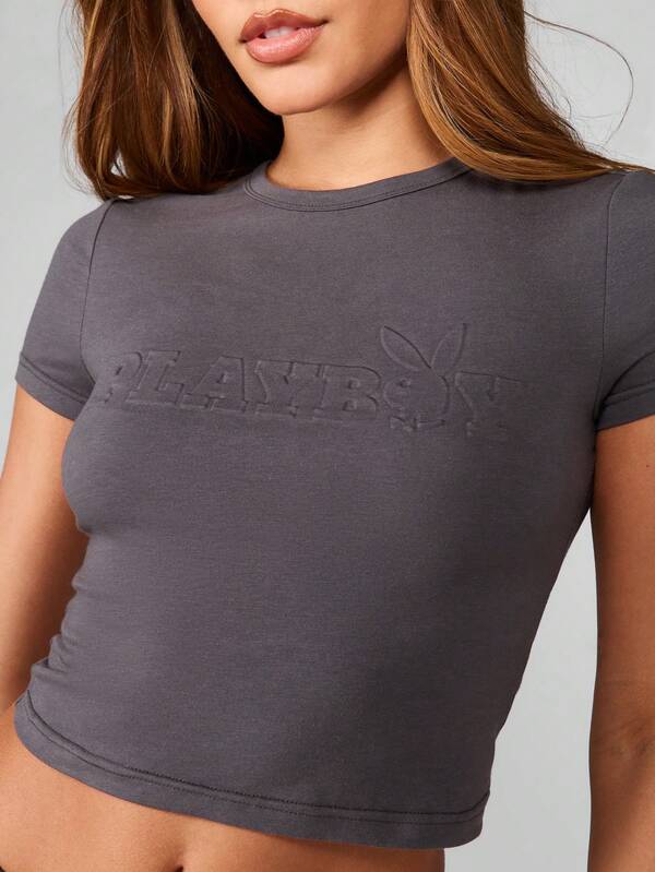 Missguided x Playboy Embossed Logo Short Sleeve Crop Tee