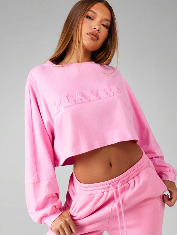 Missguided X Playboy Embossed Logo Wide Leg Pants With Cropped Sweatshirt Set