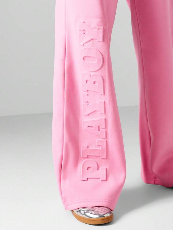 Missguided X Playboy Embossed Logo Wide Leg Pants With Cropped Sweatshirt Set