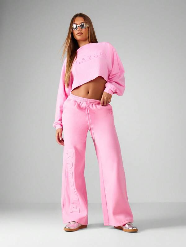 Missguided x Playboy Embossed Logo Wide Leg Pants With Cropped Sweatshirt Set