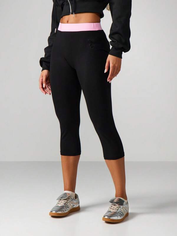Missguided X Playboy Embossed Script Capri Leggings With Pink Waistband