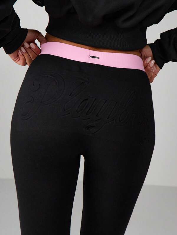 Missguided X Playboy Embossed Script Capri Leggings With Pink Waistband
