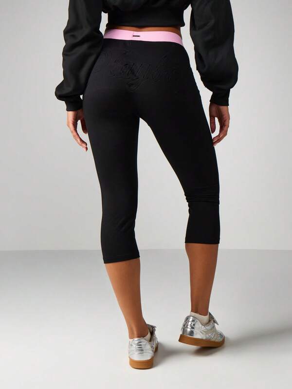 Missguided x Playboy Embossed Script Capri Leggings With Pink Waistband