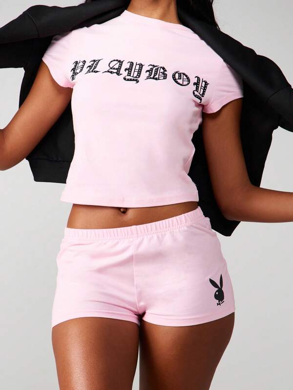 Missguided X Playboy Embroidered Diamante Graphic Fitted Baby Tee