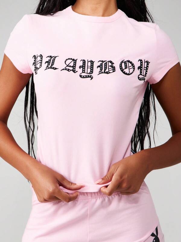 Missguided x Playboy Embroidered Diamante Graphic Fitted Baby Tee