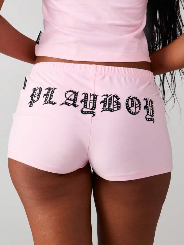 Missguided x Playboy Embroidered Diamante Graphic Fitted Hot Pants
