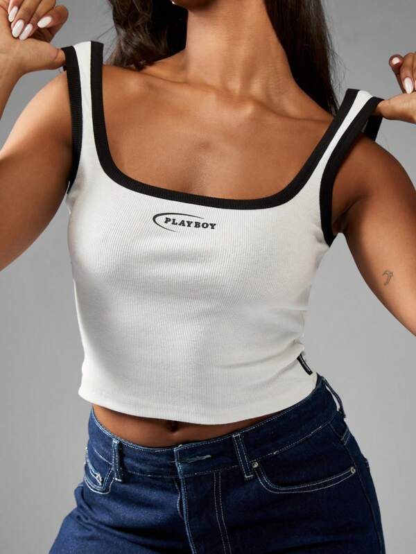 Missguided x Playboy Essential Ribbed Crop Style Square Neck Tank Top