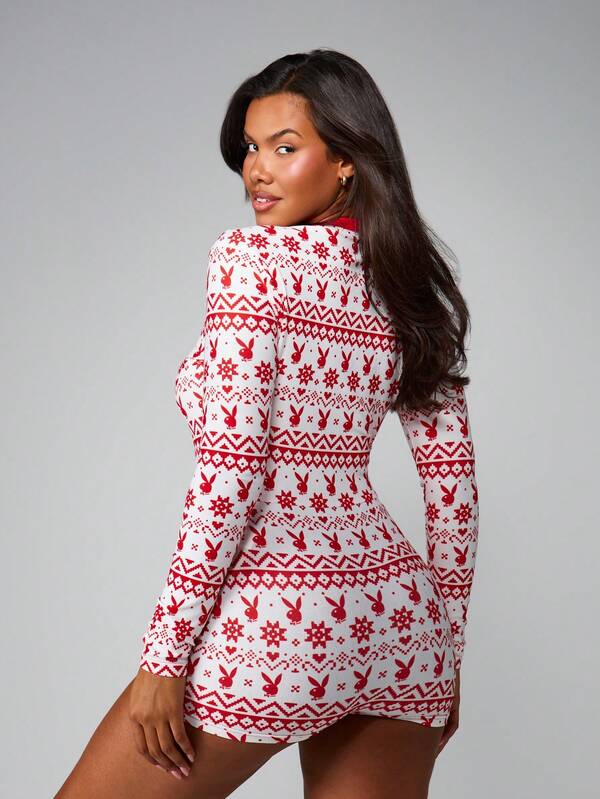 Missguided X Playboy Fair Isle V Neck Holiday Romper