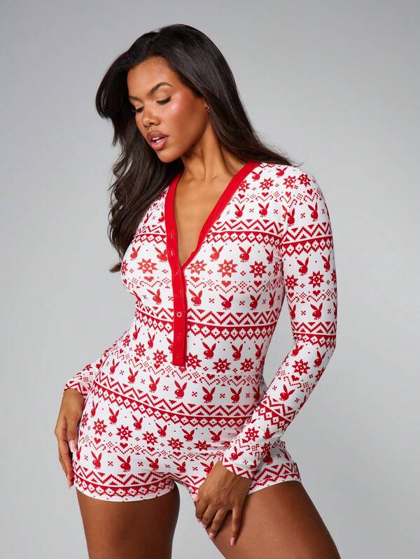 Missguided X Playboy Fair Isle V Neck Holiday Romper