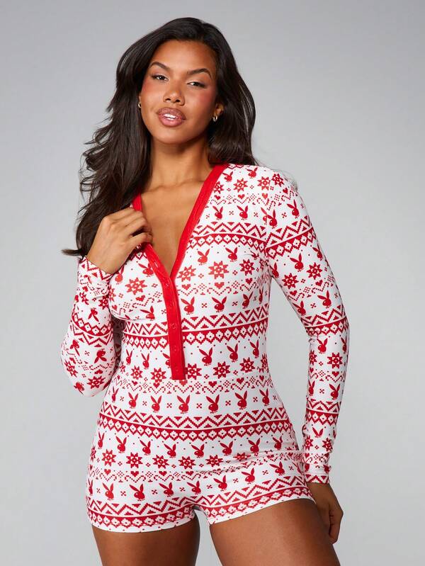 Missguided x Playboy Fair Isle V Neck Holiday Romper