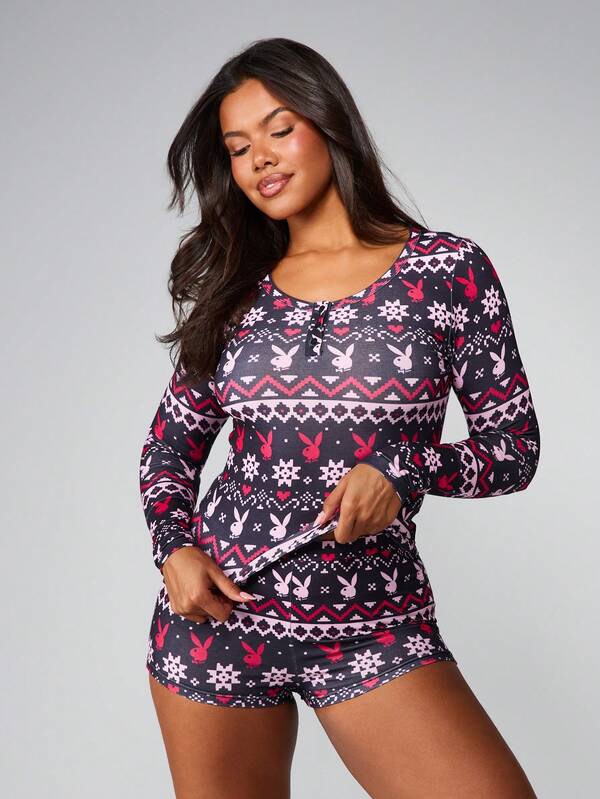 Missguided x Playboy Fairisle Long Sleeve Top With Shorts Set