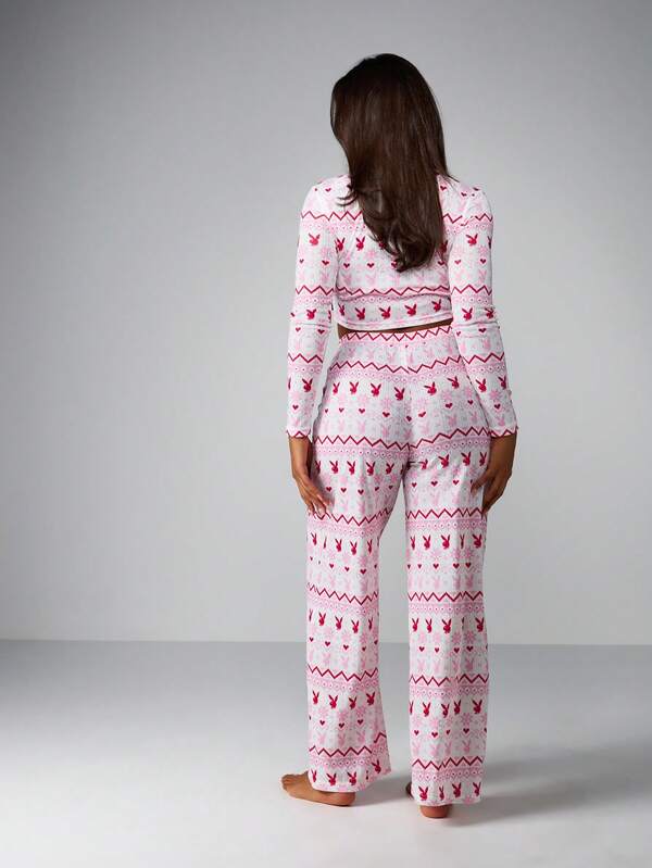 Missguided X Playboy Fairisle Print Pointelle Henley Wide Leg Lounge Set