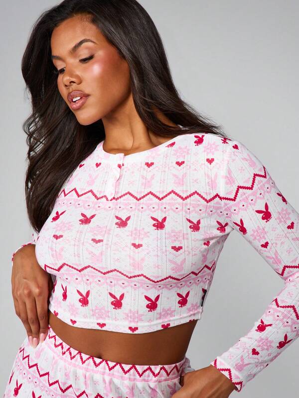 Missguided X Playboy Fairisle Print Pointelle Henley Wide Leg Lounge Set