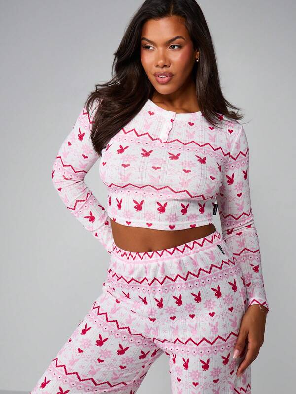 Missguided X Playboy Fairisle Print Pointelle Henley Wide Leg Lounge Set