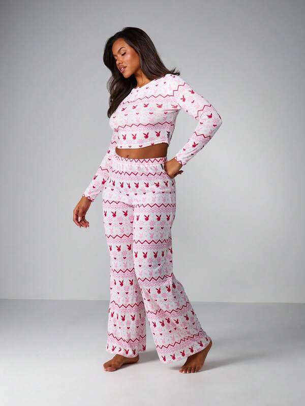 Missguided x Playboy Fairisle Print Pointelle Henley Wide Leg Lounge Set